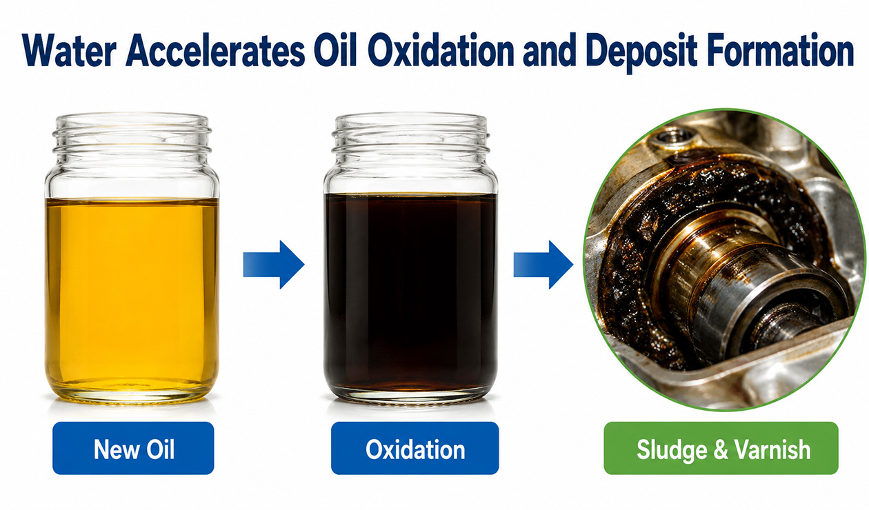 Water Accelerates Oil Oxidation and Deposit Formation